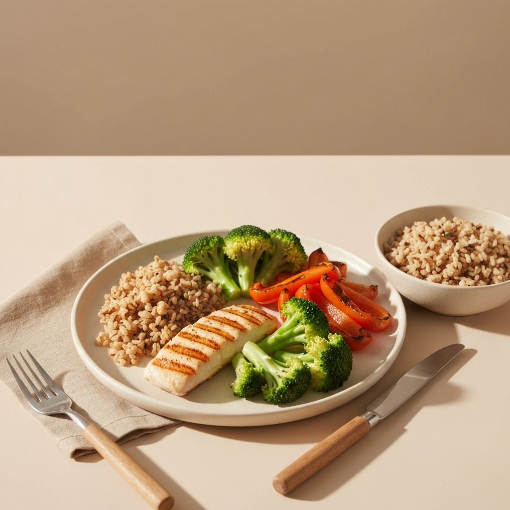 Balanced meal showing protein, vegetables, and whole grains arrangement